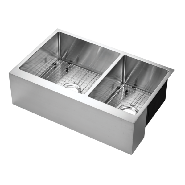 482-6805 Belleville  33" x 21" 60/40 Double Bowl R15 Radius Under-Mount Flat Apron Front Farm Sink