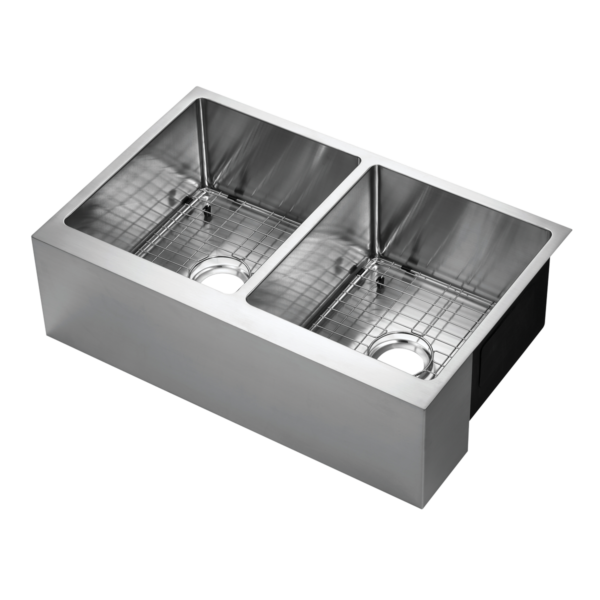 481-6806 Belleville 33" x 21" 50/50 Double Bowl R15 Radius Corner Under-Mount Apron Front Farm Sink